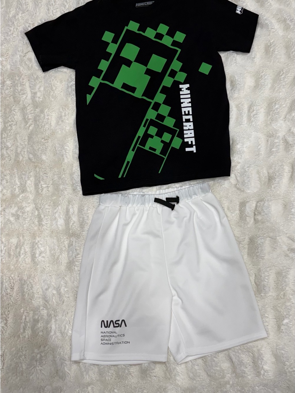 Minecraft black&green tee and NASA white shorts set